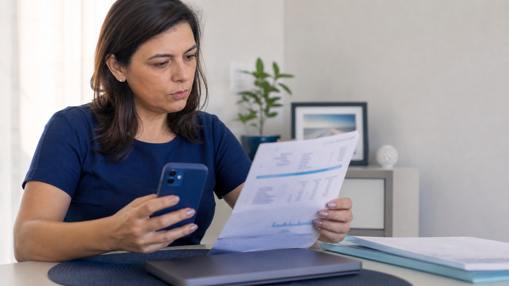 Consumidora compara uma fatura com o aplicativo do banco após identificar cobrança indevida