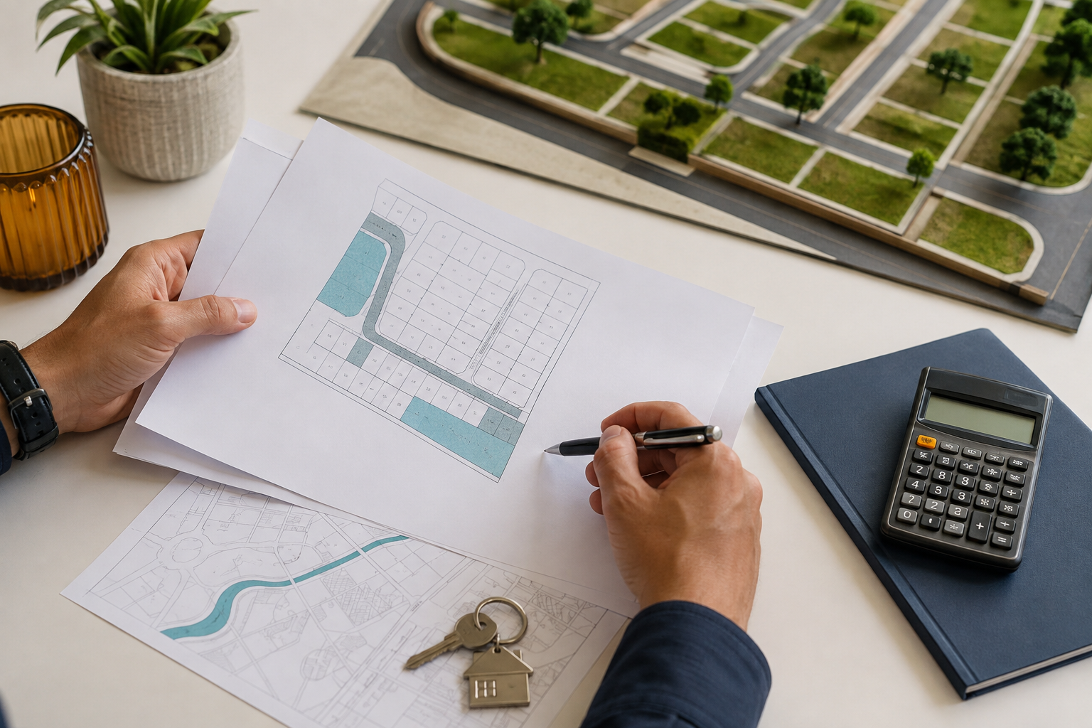 Pessoa analisa contrato, planta de loteamento e cálculos de um terreno