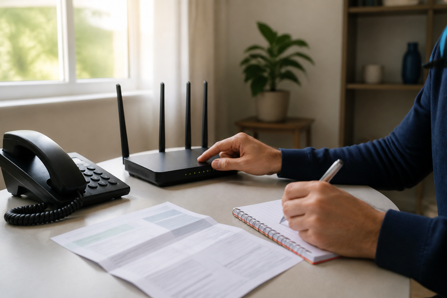 Consumidor verifica roteador e anota protocolo ao lado de telefone fixo