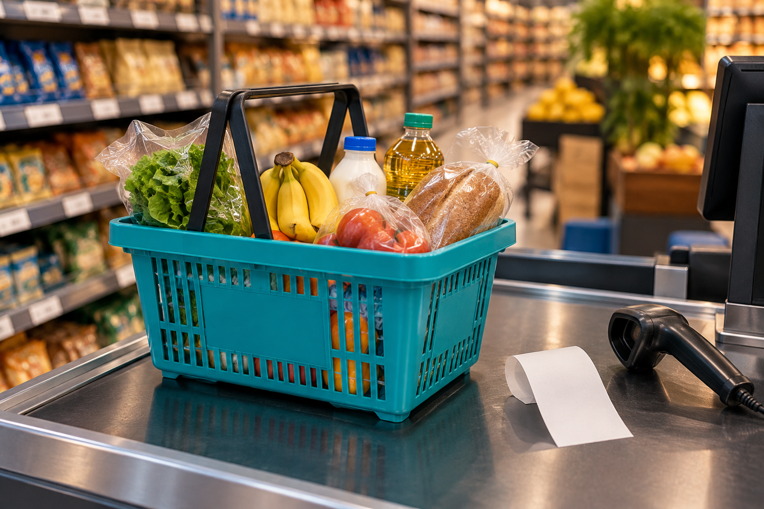 Ilustração de cesta de compras turquesa ao lado de recibo e leitor de código de barras, em supermercado sem marca.