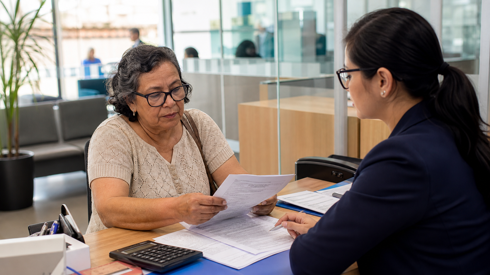 Consumidora idosa confere documentos bancários durante atendimento