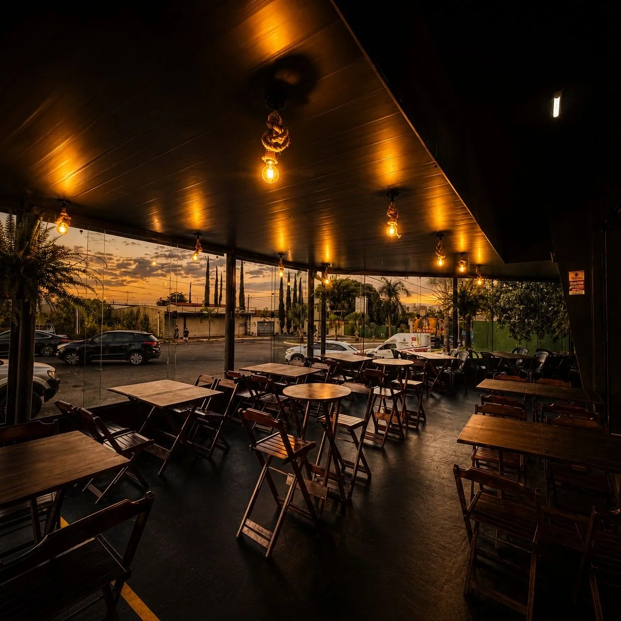 Varanda aberta e mesas do Texano Lounge Bar ao pôr do sol